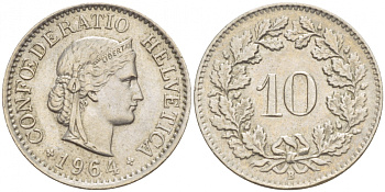 ШВЕЙЦАРИЯ 10 РАППЕНОВ 1964 KM 27 медно-никель 51-236