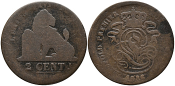 БЕЛЬГИЯ 2 САНТИМА 1886 BELGES KM 4.2 медь 4391-841