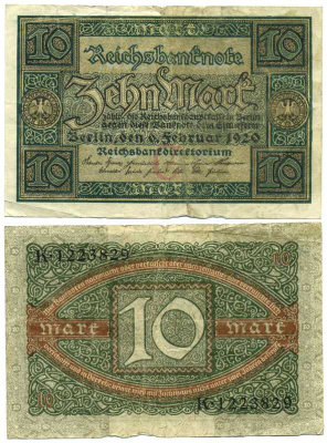 ГЕРМАНИЯ 10 МАРОК 1920 6 ФЕВРАЛЯ 1920, БУКВА C, СЕРИЯ K, СЕМЬ ЦИФР В НОМЕРЕ СЕРИИ Pick 67a, Rosenberg 63а бумага 7198-24-1-1