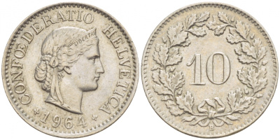 ШВЕЙЦАРИЯ 10 РАППЕНОВ 1964 KM 27 медно-никель 51-236