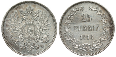 Россия для Финляндии 25 пенни 1916 S, Николай II (1894-1917) KM 6.2, Биткин 421 серебро 75-1313