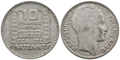 Франция 10 франков 1931 Пьер Тюрен KM 878, Le Franc 360.4 серебро 79-1424
