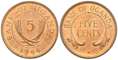Уганда 5 центов 1966 KM 1 бронза aUNC 4609-1158