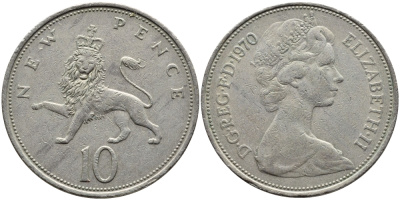 Великобритания 10 пенсов 1970 Елизавета II (1952-2022) KM 912, Spink 4231 (F1) медно-никель 4389-845