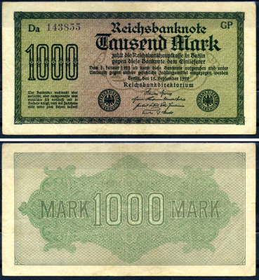 Германия 1000 марок 1922 выпуск 15 сентября 1922, водяной знак D, белая бумага, серия GP, буква Da Pick 76 d (1) бумага 8617-46-2-2