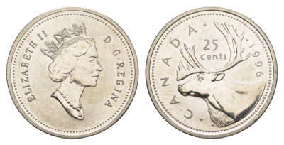 Канада 25 центов 1996 Елизавета II (1952-2022), олень, specimen KM 184 никель BU 4638-544