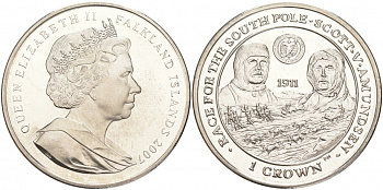Фолклендские острова 1 крона 2007 экспедиции к Южному полюсу Скотта и Амундсена, 1911 KM 158 медно-никель UNC M26-17