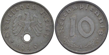 ГЕРМАНИЯ 10 РЕЙХСПФЕННИГОВ 1940 A KM 101, J. 371 цинк 212-814