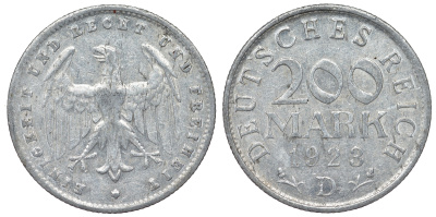 Германия 200 марок 1923 D KM 35, J. 304, Weege 22 алюминий 4121-234
