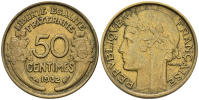 Франция 50 сантимов 1932 KM 894.1, Le Franc 192.15 алюминиевая бронза 4596-742
