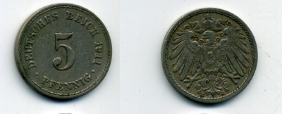Германия 5 пфеннигов 1911 E KM 11, Jager 12, Weege 6 медно-никель 25-1421