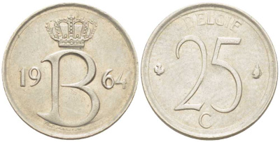 Бельгия 25 сантимов 1964 Belgie, Бодуэн I (1951-1993) KM 154.1 медно-никель 214-141