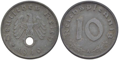 ГЕРМАНИЯ 10 РЕЙХСПФЕННИГОВ 1940 A KM 101, J. 371 цинк 212-814