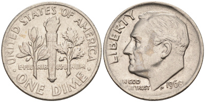 США 10 центов = дайм 1968 Рузвельт KM 195а медь плакированная медно-никелем    4115-352