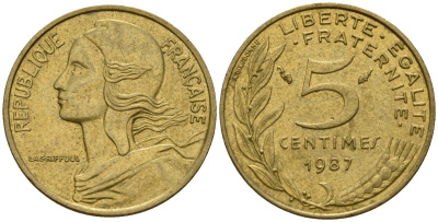 Франция 5 сантимов 1987 KM 933 алюминиевая бронза 4154-1062