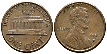 США 1 цент 1988 D, Линкольн KM 201b цинк плакированный медью    4608-421