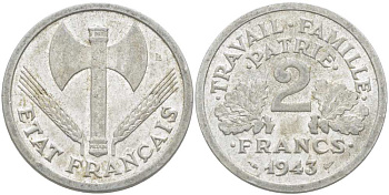 Франция 2 франка 1943 правительство Виши KM 904.1, LE FRANC 270.2 алюминий 215-522