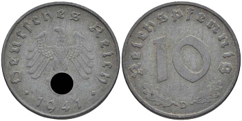 ГЕРМАНИЯ 10 РЕЙХСПФЕННИГОВ 1941 D KM 101, J. 371 цинк 4401-714