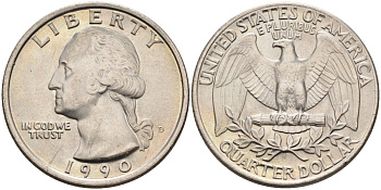 США 25 центов = квотер 1990 D, Вашингтон KM A164a медь плакированная медно-никелем 4584-1254