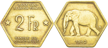 Бельгийское Конго 2 франка 1943 слон, шестиугольная, год тип KM 25 латунь 4541-944