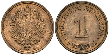 Германия 1 пфенниг 1875 A, Вильгельм I (1871-1888) KM 1, J. 1 медь aUNC 1525-121