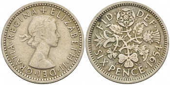 Великобритания 6 пенсов 1954 Елизавета II (1952-2022) KM 903, Spink 4149 медно-никель 4528-915