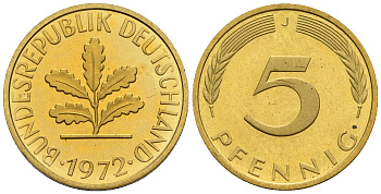 ФРГ 5 пфеннигов 1972 J KM 107, J.382 сталь плакированная латунью PROOF 1094-7-41