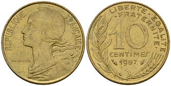 Франция 10 сантимов 1987 тип Marianne KM 929 алюминиевая бронза 4391-1012