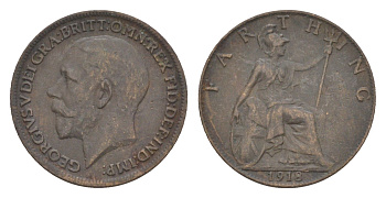 Великобритания 1 фартинг 1918 Георг V (1910-1936) KM 808.2, Spink 4060 бронза 4630-1156