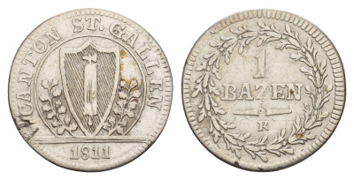 Швейцарские Кантоны, Санкт-Галлен 1 батцен = 10 раппенов 1811 KM 110 серебро 650-1131