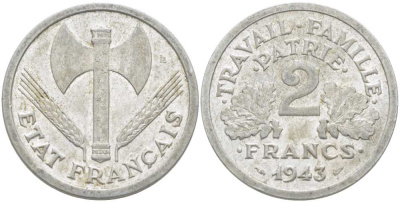 Франция 2 франка 1943 правительство Виши KM 904.1, LE FRANC 270.2 алюминий 215-522