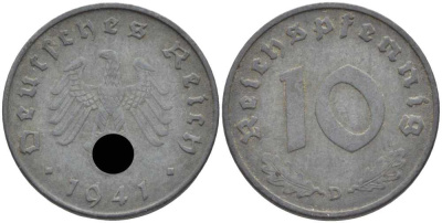 ГЕРМАНИЯ 10 РЕЙХСПФЕННИГОВ 1941 D KM 101, J. 371 цинк 4401-714