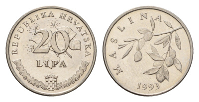 Хорватия 20 кун 1993 олива, легенда на хорватском KM 7 сталь плакированная никелем UNC 4618-525