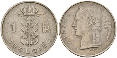 Бельгия 1 франк 1957 Belgie KM 143.1 медно-никель    4187-131