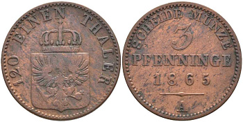 ПРУССИЯ 3 ПФЕННИГА 1865 А, ВИЛЬГЕЛЬМ I (1861-1888) KM 482 медь 117-1116