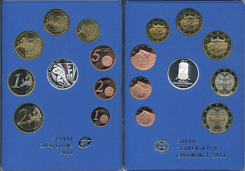 Словакия евронабор из 8 монет + жетон 2011 Чемпионат мира по хоккею с шайбой, в пластике, и оригинальном картонном буклете PROOF 1-4-2-18