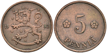 Финляндия 5 пенни 1932 KM 22 медь 96-432
