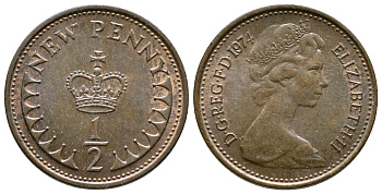 Великобритания 1/2 пенни 1974 Елизавета II (1952-2022) KM 914, Spink 4239 бронза 220-426