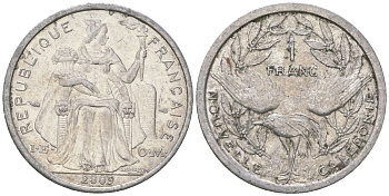 Французская Новая Каледония 1 франк 2009 птица кагу, (IEOM) KM 10, Schoen 10 алюминий 35-411