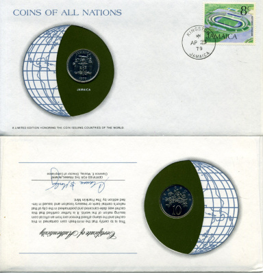 Ямайка 10 центов 1979 FM, тираж 5.388 экземпляров конверт с маркой первого дня гашения, Coins of Nations KM 54 медно-никель BU 4294-34-1