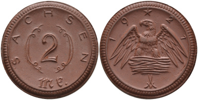 Саксония 2 марки 1921 J. N 56 фарфор 1094-2-45