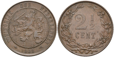 Нидерланды 2 1/2 цента 1903 Вильгельмина (1890-1948) KM 134 бронза 4575-855