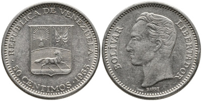 Венесуэла 50 сентимо 1965 Симон Боливар KM 41, Schon 51 никель 4532-269
