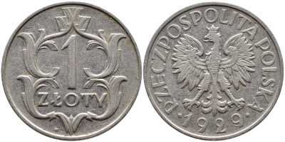 ПОЛЬША 1 ЗЛОТЫЙ 1929 w KM 14 никель 4389-1013