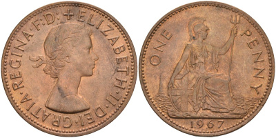Великобритания 1 пенни 1967 Елизавета II (1952-2022) KM 897, Spink 4157 бронза 4117-914