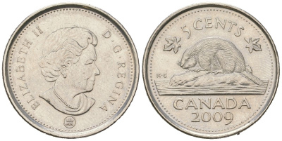 Канада 5 центов 2009 Leaf, Елизавета II (1952-2022), бобер KM 491 сталь плакированный никелем UNC 4382-1114