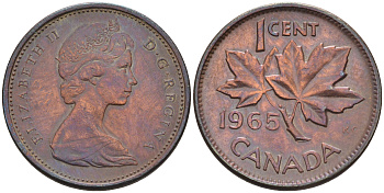 Канада 1 цент 1965 Елизавета II (1952-2022), кленовый лист KM 59.1 бронза  4147-246