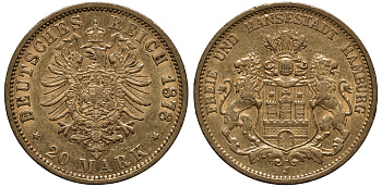 Гамбург 20 марок 1878 J. 210, KM 288 золото 00-000-00