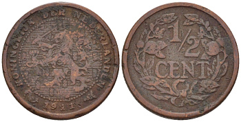 НИДЕРЛАНДЫ 1/2 ЦЕНТА 1911 ВИЛЬГЕЛЬМИНА (1890-1948) KM 138 бронза 39-157