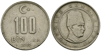 Турция 100000 лир 2002 Мустафа Кемаль Ататюрк KM 1106 медь цинк никель 4167-122